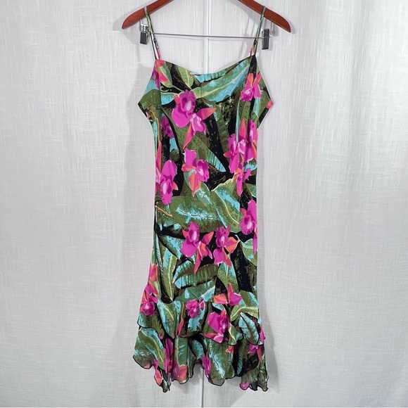Lily Tropical Floral Ruffle Hem Spaghetti Strap Dress Size L - Picture 1 of 11